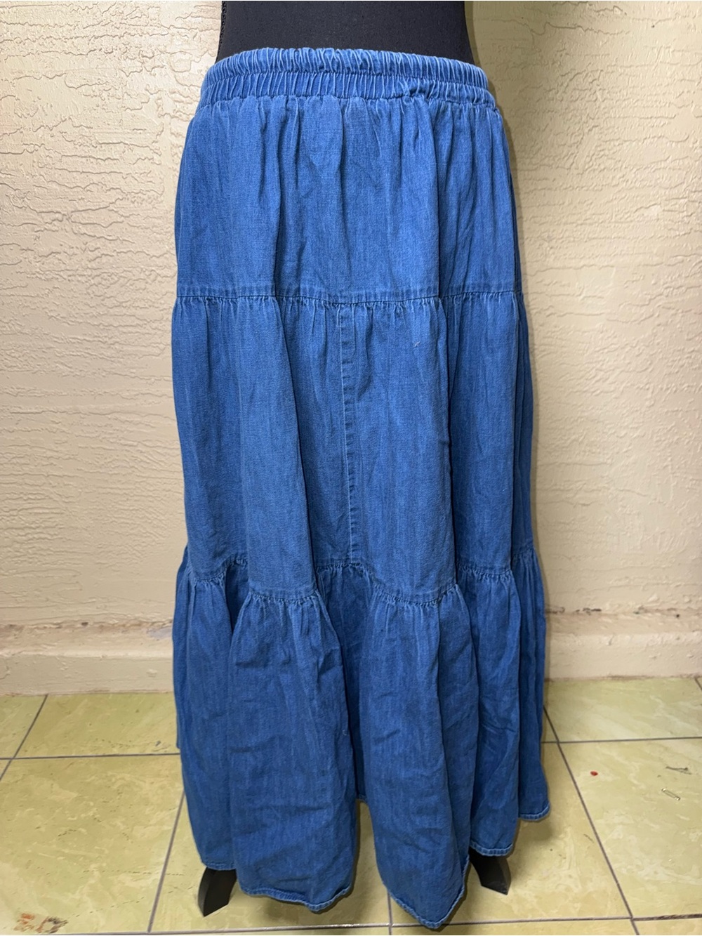 Vtg Glen Cove Chambray Tiered Maxi Skirt XL Cottagecore Boho Prairie - Picture 3 of 13